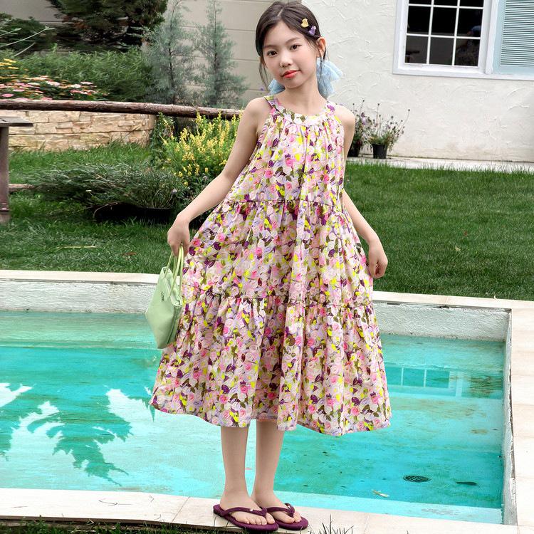 Girls' Floral Halter Summer Dress: Korean-Style Sweet Princess Attire for Middle and Older Children