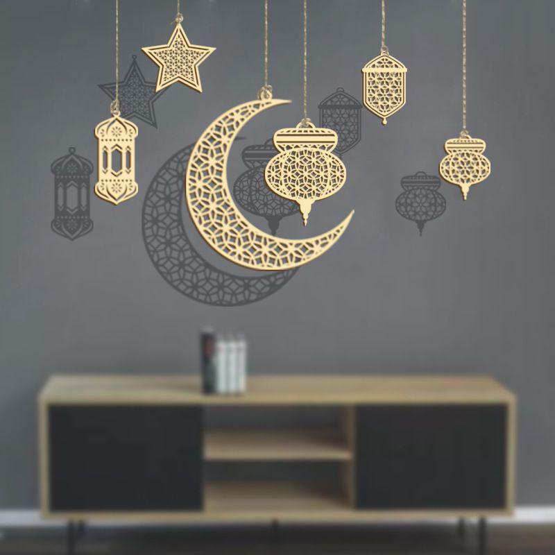 Buy Ramadan Pendant Give Ropes Moon Star Lantern Wooden Hanging Chip ...