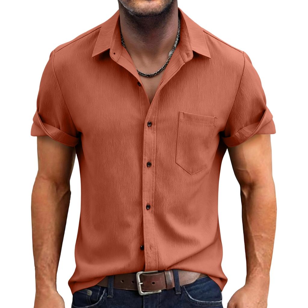 Herren Casual Einfarbige Baumwolle Leinen Kurzarm Hemd Button-Down Kragen Leicht Atmungsaktiv Urlaubs Sport Hemd für Herren