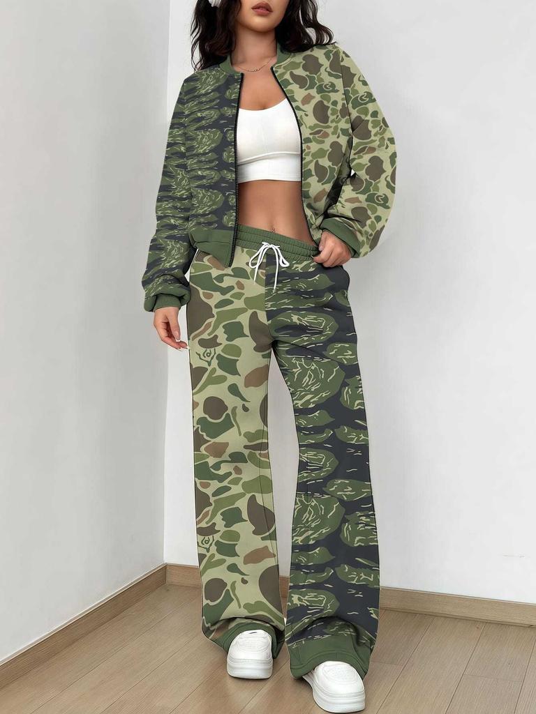 Simple Popular Autumn and Winter New European and American Women's Clothing Yellow-green Camouflage Printing Suit Women
