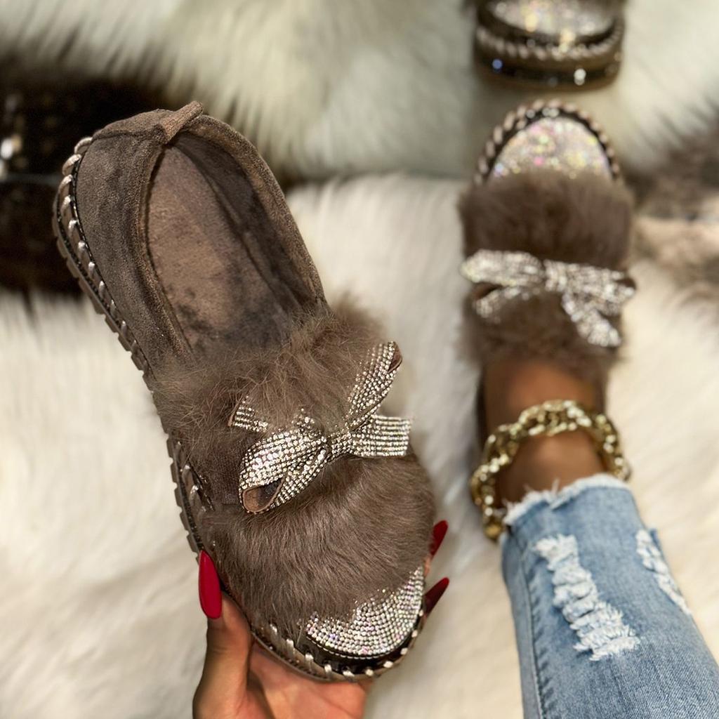 Aphixta Furry Crystal Bow Dec Women's Casual Shoes 3cm Flat Platform Loafers Short Plush Warm Autumn Winter Woman Flats Size 43