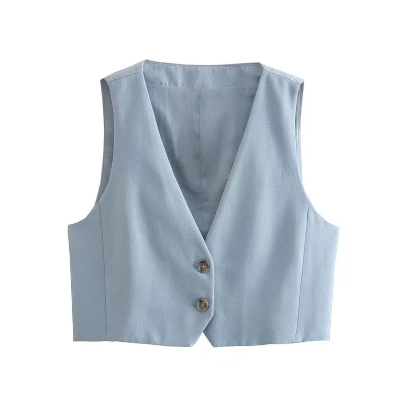 

New Sleeveless Vest Casual Linen Pants for Summer Blue Tops L