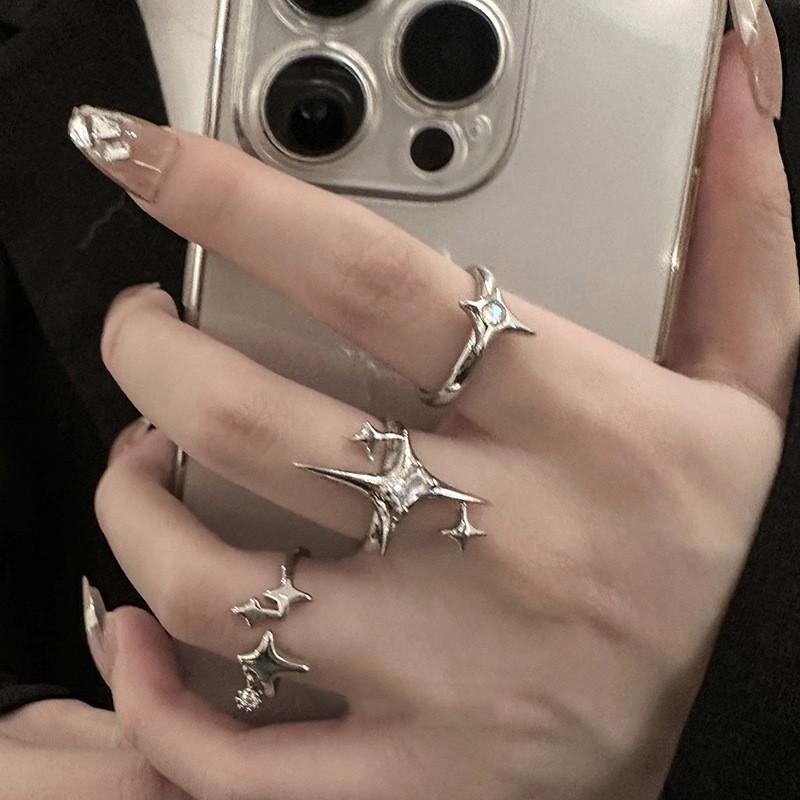 Cold Wind Starlight Inlaid Zircon Open Ring Set Handicraft Soul Collision Trendy Jewelry Accessories 2024
