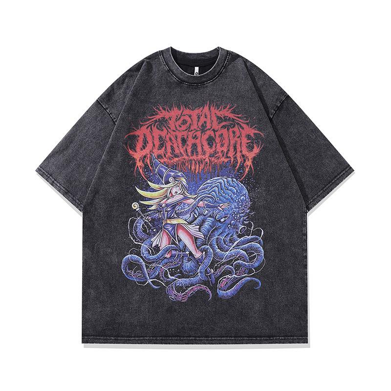 American Street Trendy Brand Retro Cartoon Heavy And Old Short-Sleeved T-Shirt Men'S Guochao Hip-Hop Half-Sleeved Tee Shirt