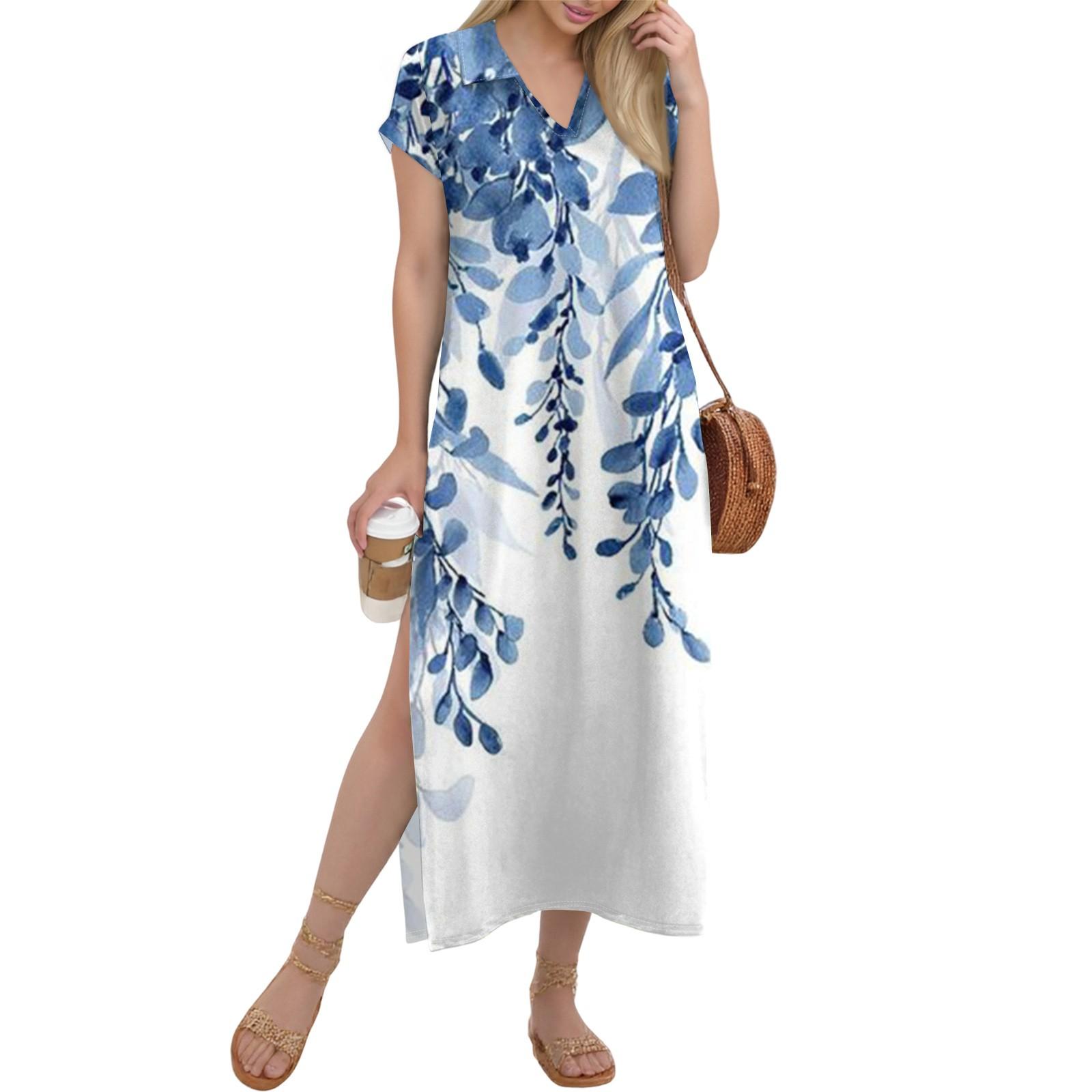 

Женское длинное платье-рубашка с V-образным вырезом, повседневное, с коротким рукавом и свободным разрезом XL белый