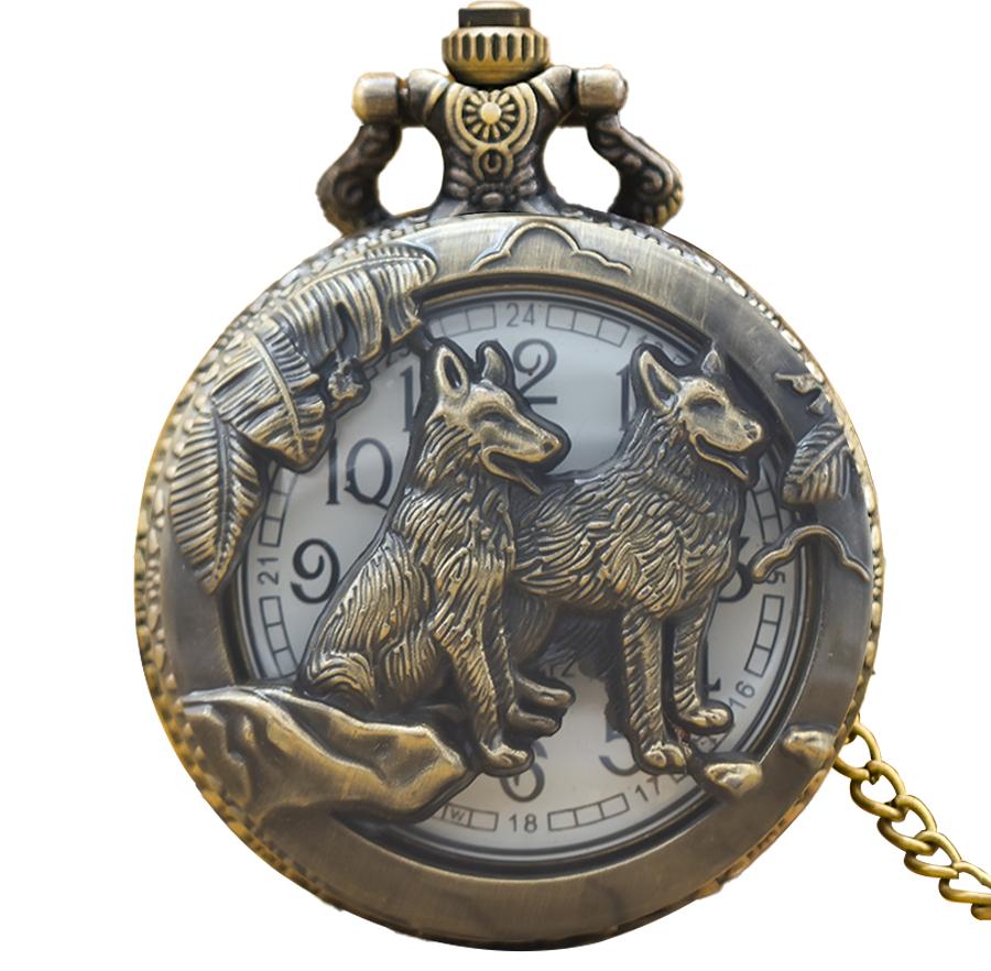 

Steampunk Vintage Bronze Cutout Animal Wolf Quartz Pocket Watch Necklace Pendant Clock Chain Men Women Chain Gift бронзовый