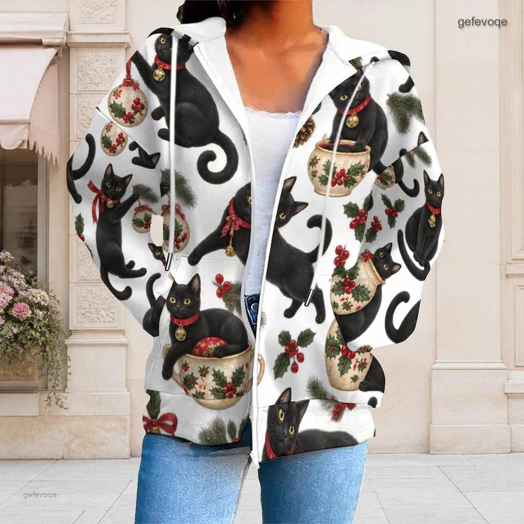 Women Plus Size White Zip Up Long Sleeve Christmas Dachshund Printed Hoodie With Pockets