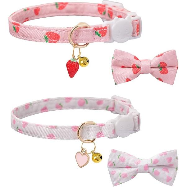 Breakaway Cat Collar with Bow Tie,2 Pack Adjustable Kitten Collars with Removeable Bowtie and Bells for Girl Boy Cats. (Pink and White) pink and white
