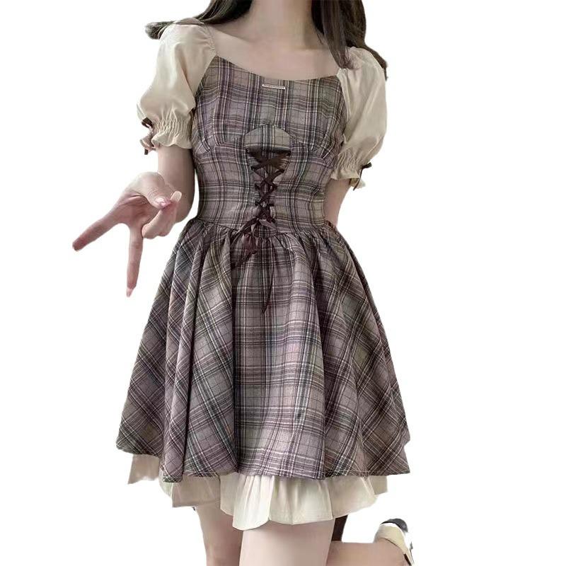 Women's Fresh Plaid Square Neck Waist-Hugging Summer Dress with Lace-Up Short Skirt and Sweet Academy Style