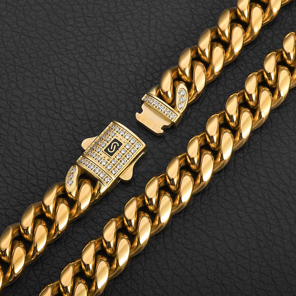 Stainless Steel Bracelet Miami Cuban Plated 14K Gold CNC Men's Jewelry High Polished 14MM Chain Luxury Gift
