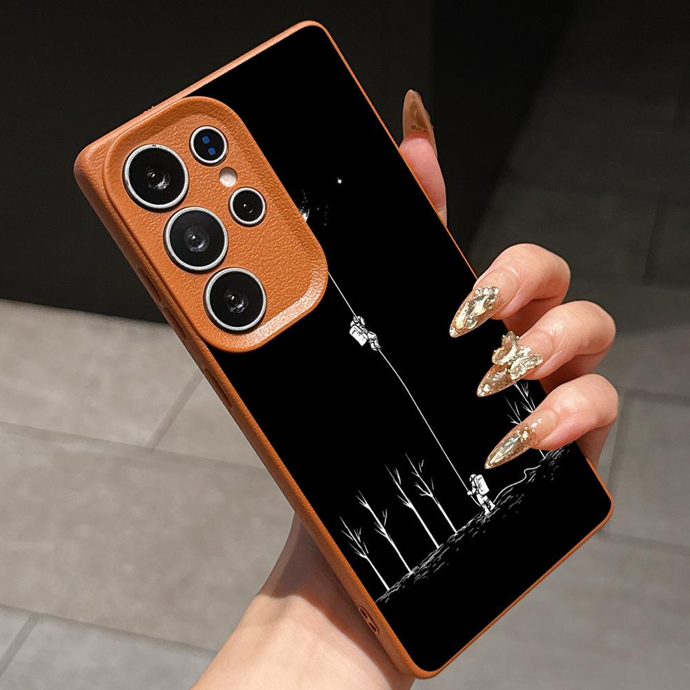 Samsung A07 Xiaomi Redmi 14C for iPhone 17 Pro Max Infinix Realme Phone Cases Soft Brown Leather Pattern TPU Case NY47 Art Space Astronaut Skate Moon