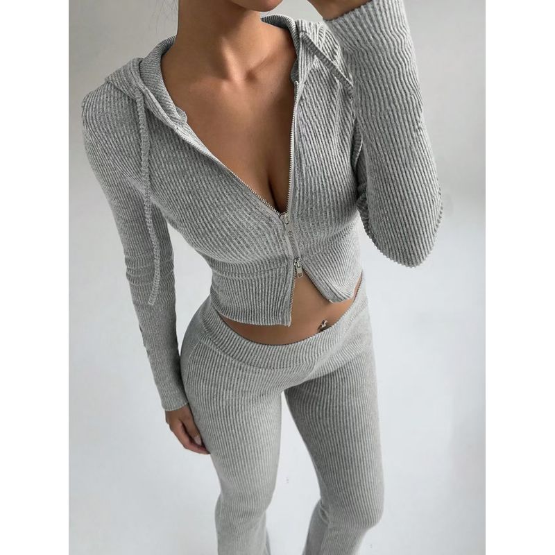Western Style New Solid Slim fit Zip-up hood Top Casual Pants Two-piece Set Top and Pants Set