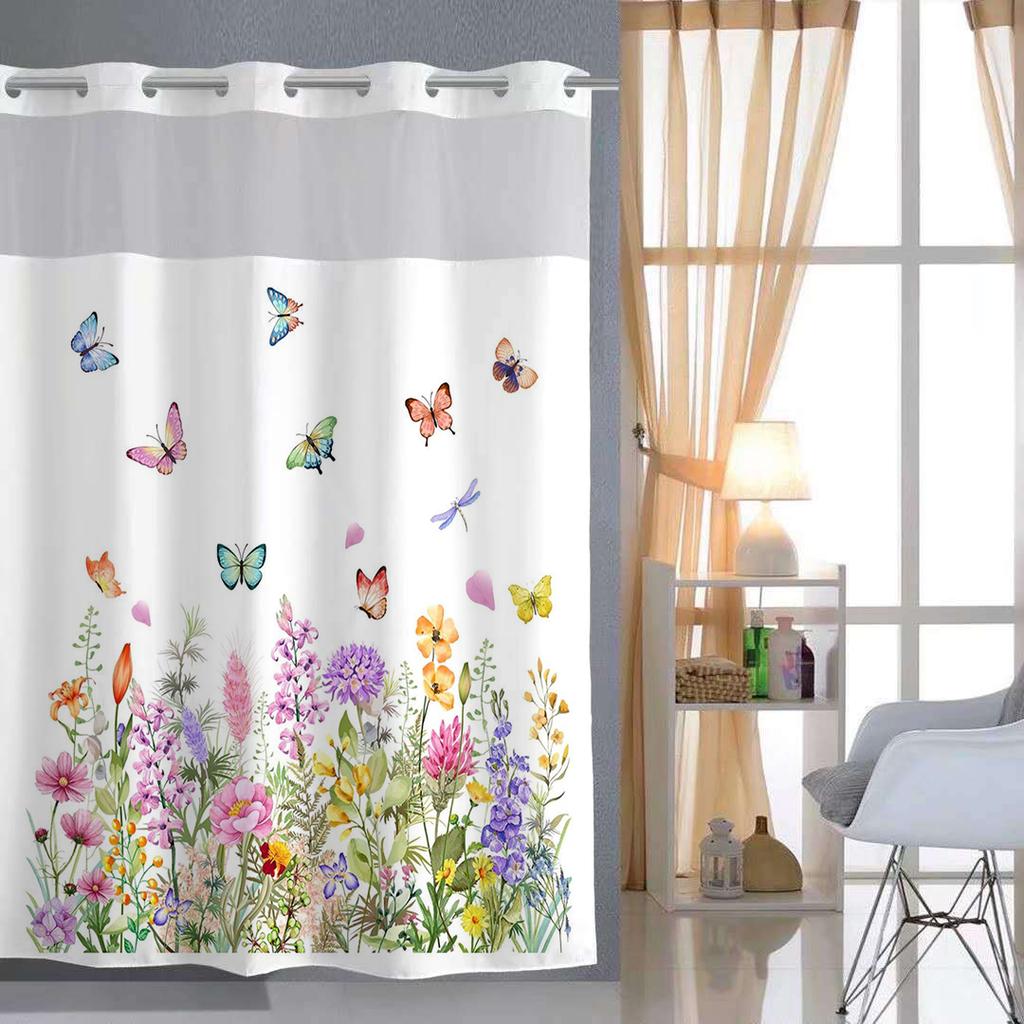 No Hook Floral and Butterfly Shower Curtain With Snap-in Fabric Liner, Sheer Top Window, Waterproof Double Layer Bathtub Curtain