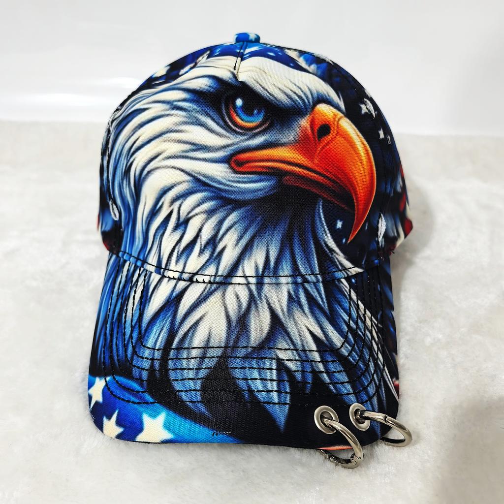 Men Women Punk Eagle Print Baseball Cap With Metal Rings, Usa Flag Patriotic Adjustable Sun Hat, Unique Biker Street Style Cap F