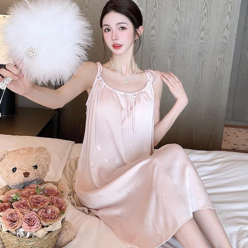 Sexy pyžamo Dámské Ledová stuha Hrudní vycpávka Xia Chun's Vítr Popruh Šle Pyžamo Motýlí žakár Střední a dlouhé Oblečení na doma