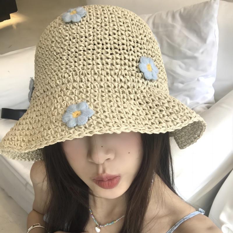 Summer Sun Hat Korean Wide Brim Straw Hat Women Foldable Panama Cap UV Sun Cap Boho Flower Fishing Vacation Beach Hat
