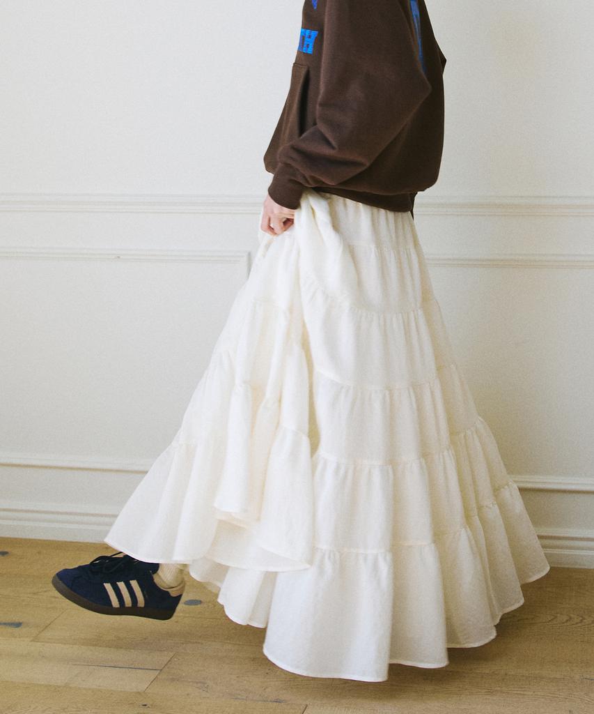 Green Butter Cancan Ruffle Long Skirt (Cream)