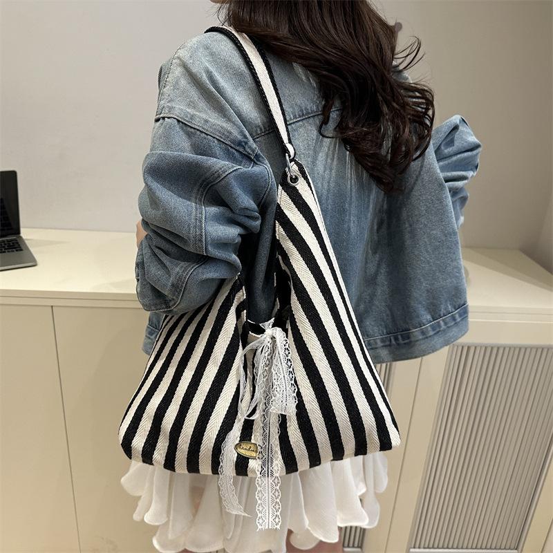 Korean Ins Striped Canvas Tote Bag Women's 2025 New Large-capacity Shoulder Underarm Bag Commuter Handbag