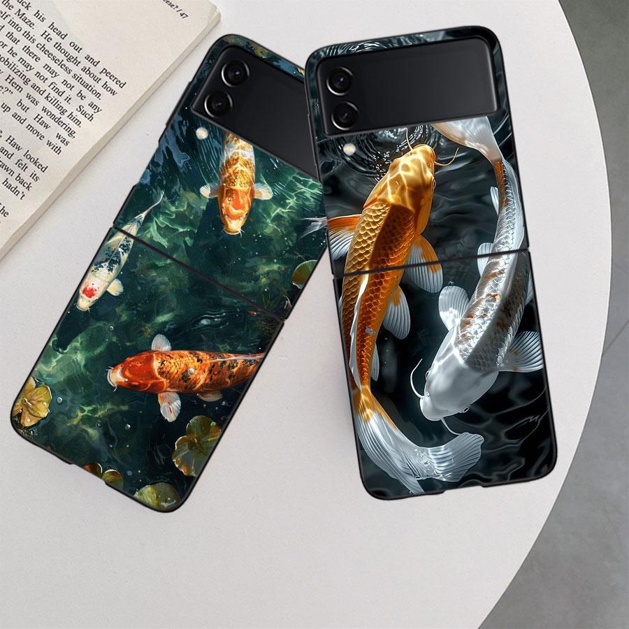 High End Ornamental Fish and Koi Carp Phone Case For Samsung Z Flip 7 6 5G Galaxy Z Flip 5 4 3 Black Hard Cell Cover Luxury PC