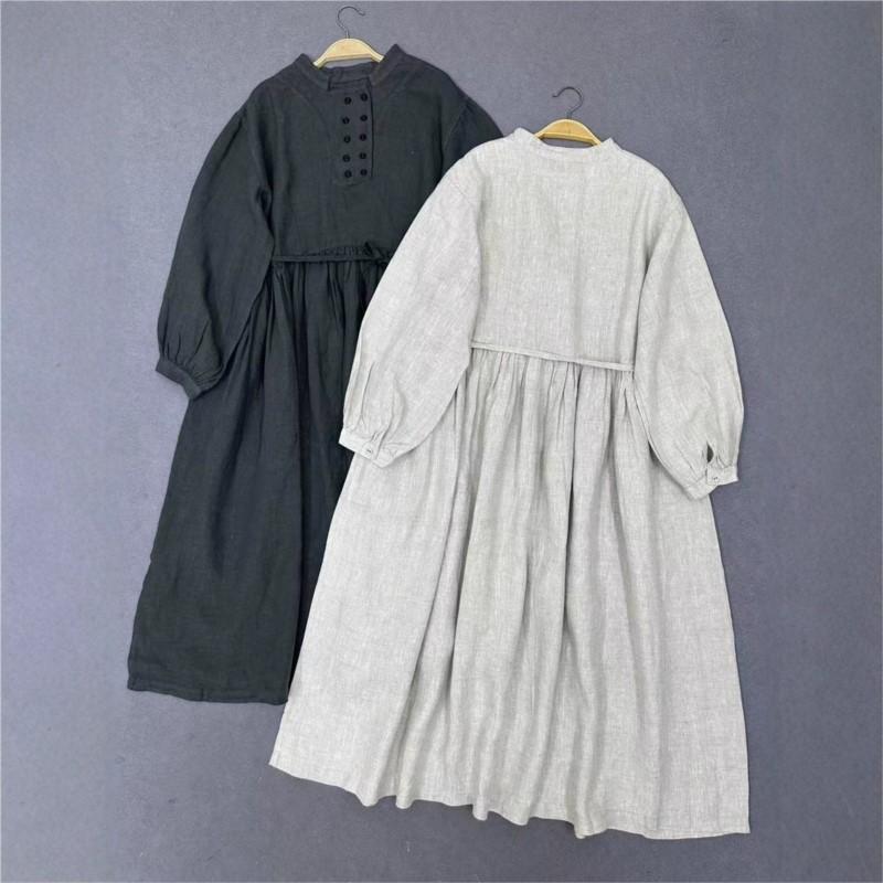 Johnature Spring Autumn Dress Retro Stand Collar Tie Long Sleeve Loose Simple Women Dresses