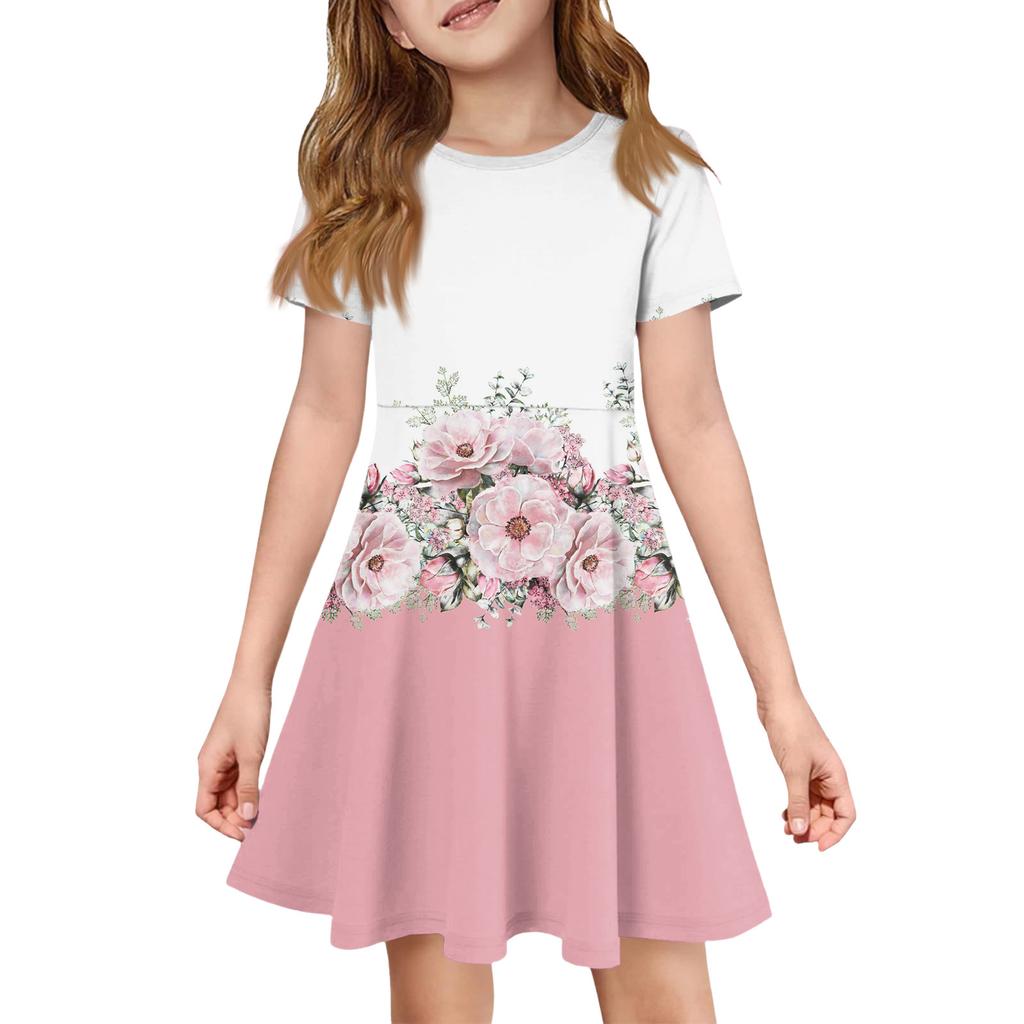 Girl Summer Dress Color & Print Short Sleeve Dress With Pocket Casual Dress Shorts Sleeve Party Dress Easter Day
