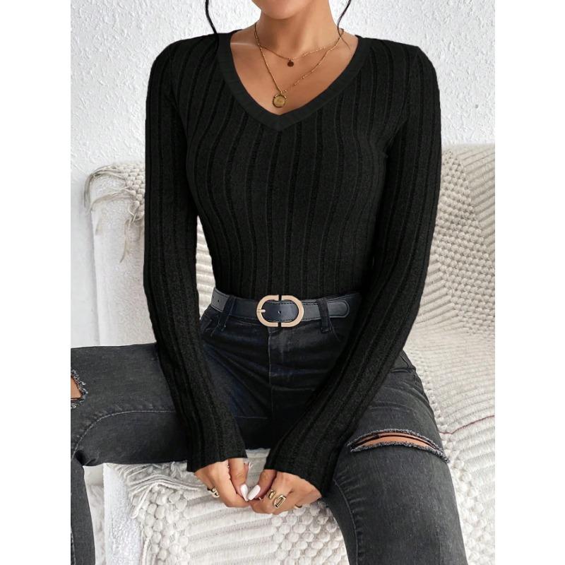 Women's Slim Sexy Knit Long Sleeve Top Women's V-Neck Neck Edge Clash Top New Autumn and Winter Women's Casual Pullover