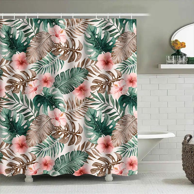 Green Tropical Leaves Shower Curtain Pink Hibiscus Waterproof Fabric Bathroom Decor Modern Floral Design