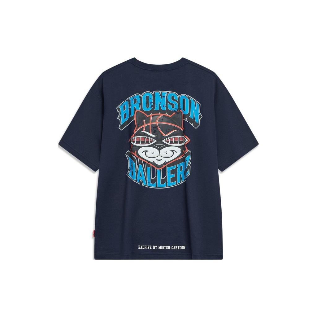 Li Ning X Mister Cartoon Collaboration Badfive Letter Print Loose Short Sleeve T-Shirt Unisex Tops Deep-Navy-Blue AHST973-3