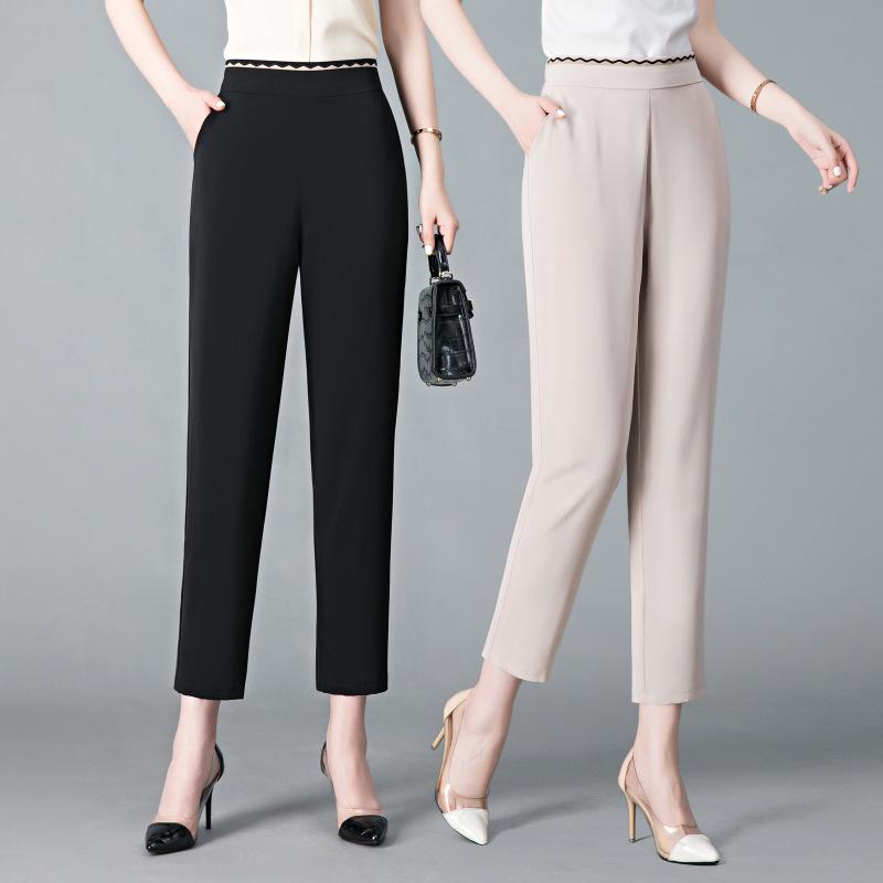 Mom's Ice Silk Elastic High-Waist Loose Straight-Leg Pants for Middle-Aged and Elderly Women - Cool, Casual, Nine-Point Length.