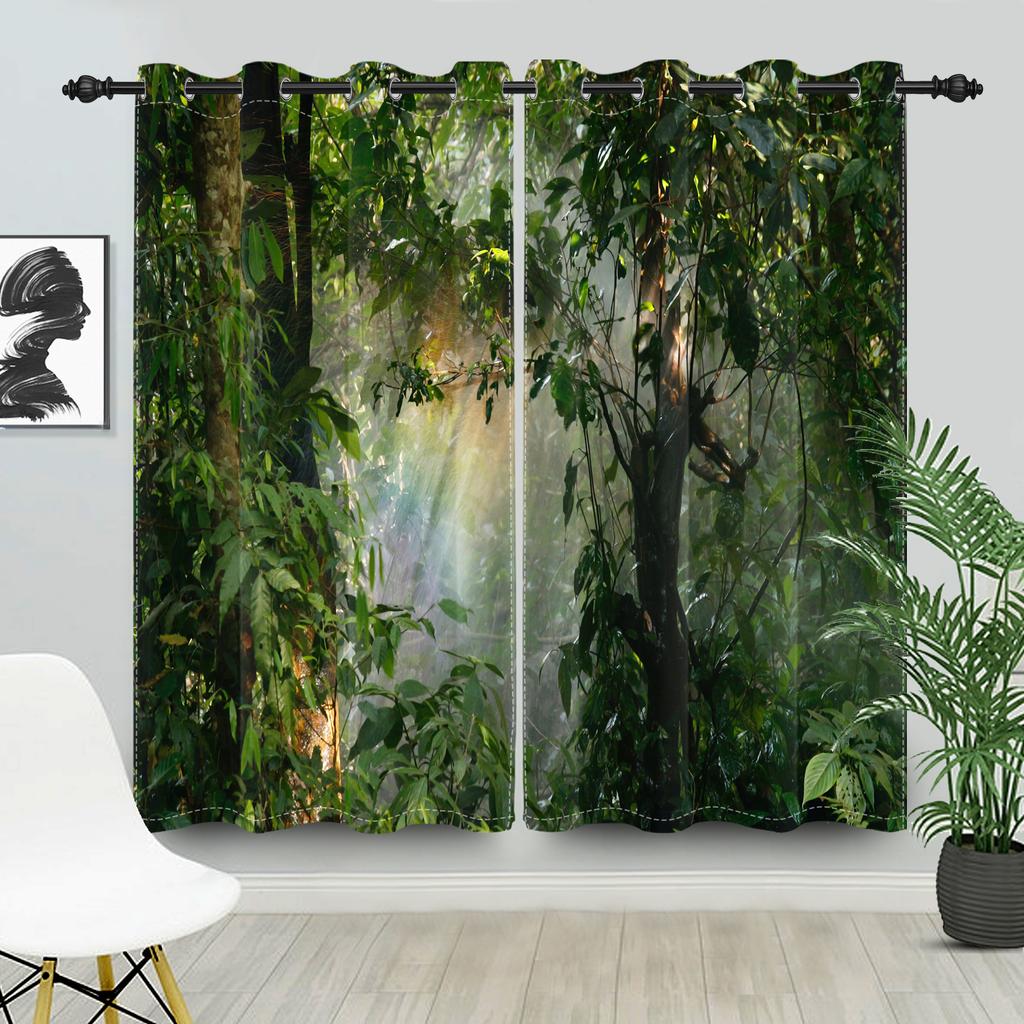 2pcs/set Blackout Curtains Sunny Forest Natural Green Space Landscape Polyester Window Bedroom Kitchen Home Interior Curtains