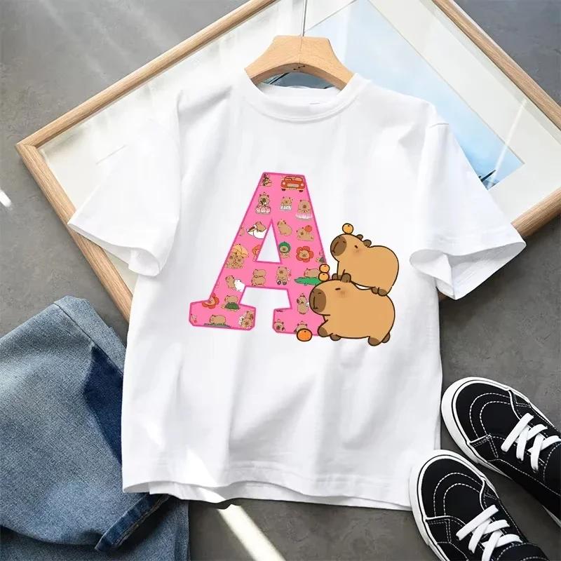 Cute Capibala Letter Printed Short Sleeved Pure Cotton Tshirt for Children Comfortable and Breathable Top Gift 2025