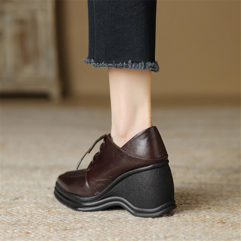 Mode Neue Frühling Schafleder Damen Schuhe Spitze Zehenpartie Damen Pumps Plateau Schuhe für Damen Schnürung Hoher Absatz Keilabsatz Slipper Damenschuhe