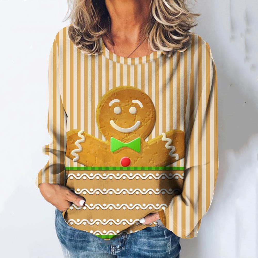 

Пряничная фигурка с 3D-принтом, женская футболка, осенняя, с круглым вырезом, с длинными рукавами, повседневная одежда больших размеров, хлопковый топ, футболка, новая XL