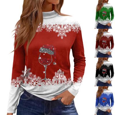 Damen Herbst Casual Langarmshirts Sweatshirt Vintage Bedrucktes High Neck Top Pullover
