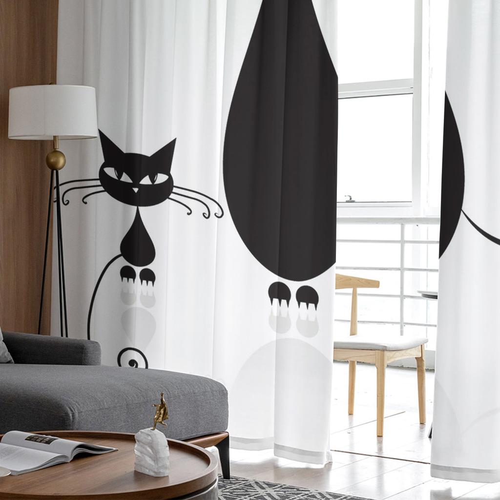 Tylové závěsy do obývacího pokoje Kočka Černá Roztomilá jednoduchá ložnice Pracovní okno Průsvitné závěsy Kuchyň Balkonové interiérové voálové závěsy