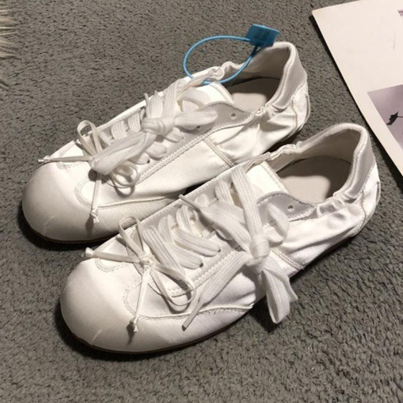 Fashion High Quality Satin Lace-up Flats Women Silver Gray Bow Round Toe Sneakers Comfortable Lightweight Non-slip Zapatillas De Mujer