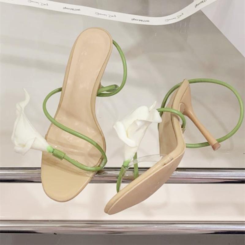 

Fashion Elegant Flower High Heeled Sandals Women Summer Sexy Open Toe Narrow Band Slide Sandals Fashion Comfort Thin Heel Brand Sandals 35 зелёный