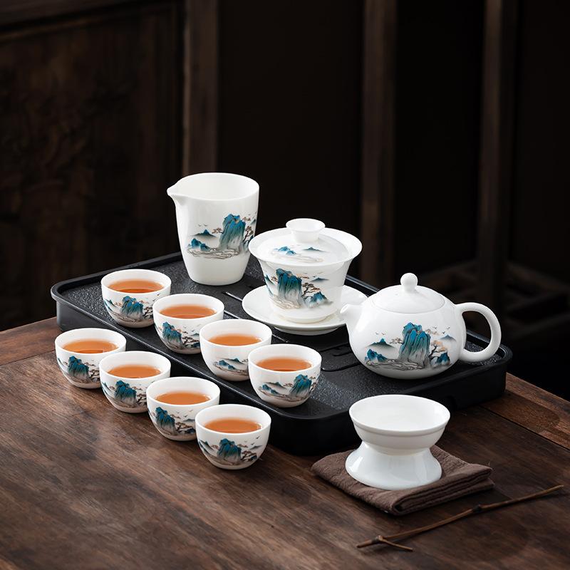 Premium beauty suet jade white porcelain kung fu tea set, household Xishi pot tea cup light luxury high-end gift box