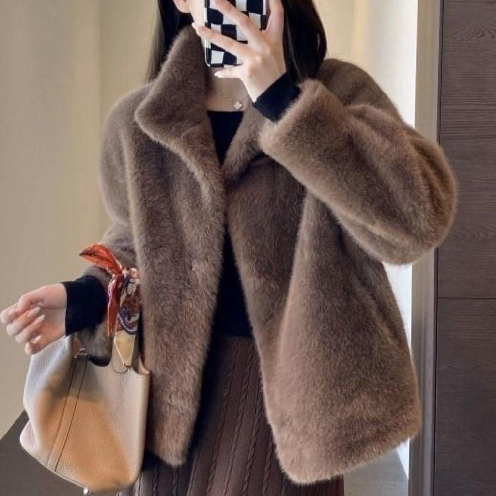 Women Thick Faux Mink Fur Loose Jackets Tops Winter Warm Stand Neck Single Breasted Abrigos Casual Korean Solid Coats Blusas New