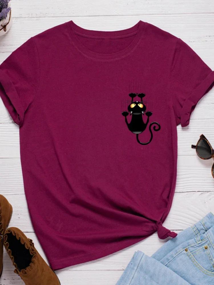 

Карманная футболка с принтом черного кота Женская футболка с коротким рукавом и круглым вырезом Свободная футболка Летняя женская повседневная футболка Топы Camisetas Mujer S бордовый