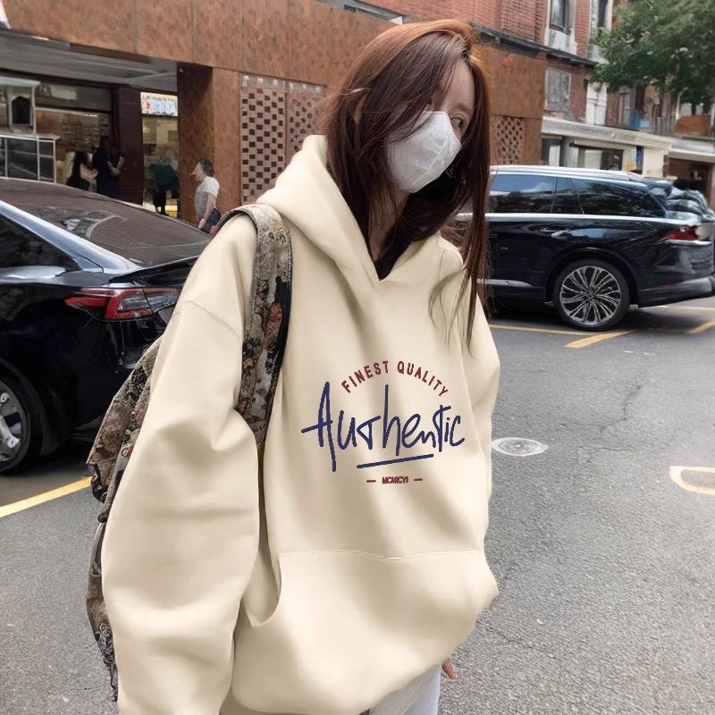 Grey hooded sweater women's coat, autumn and winter fleece thickened e loose top