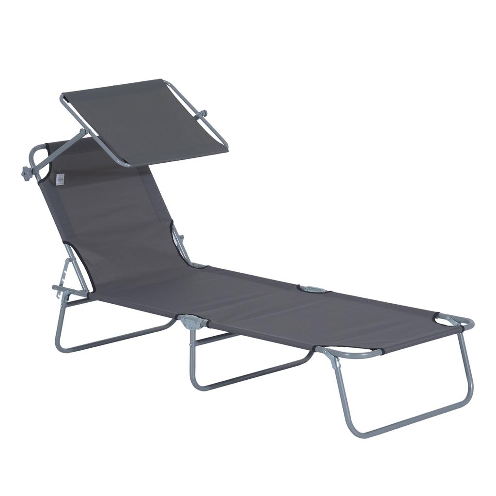 Folding Sun Lounger Garden Lounger, Sunshade, 4-position Adjustable Backrest, up to 120 kg, Grey