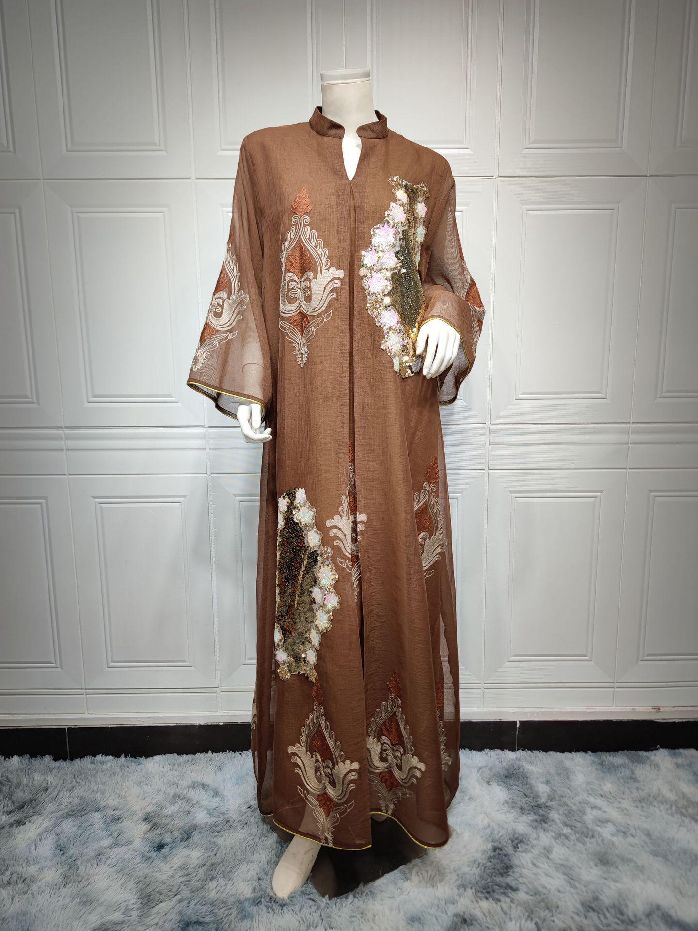 

2024 Платье для мусульманского вечера с вышивкой пайетками для женщин Ближнего Востока L кофейный