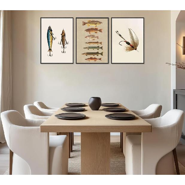 ZPJLRFC 3Pcs Vintage Fishing Canvas Wall Art Minimalism Fishing Gear Posters Artwork Fisherman Cave Painting Pictures Wall Decor for Outdoorsy Cabin