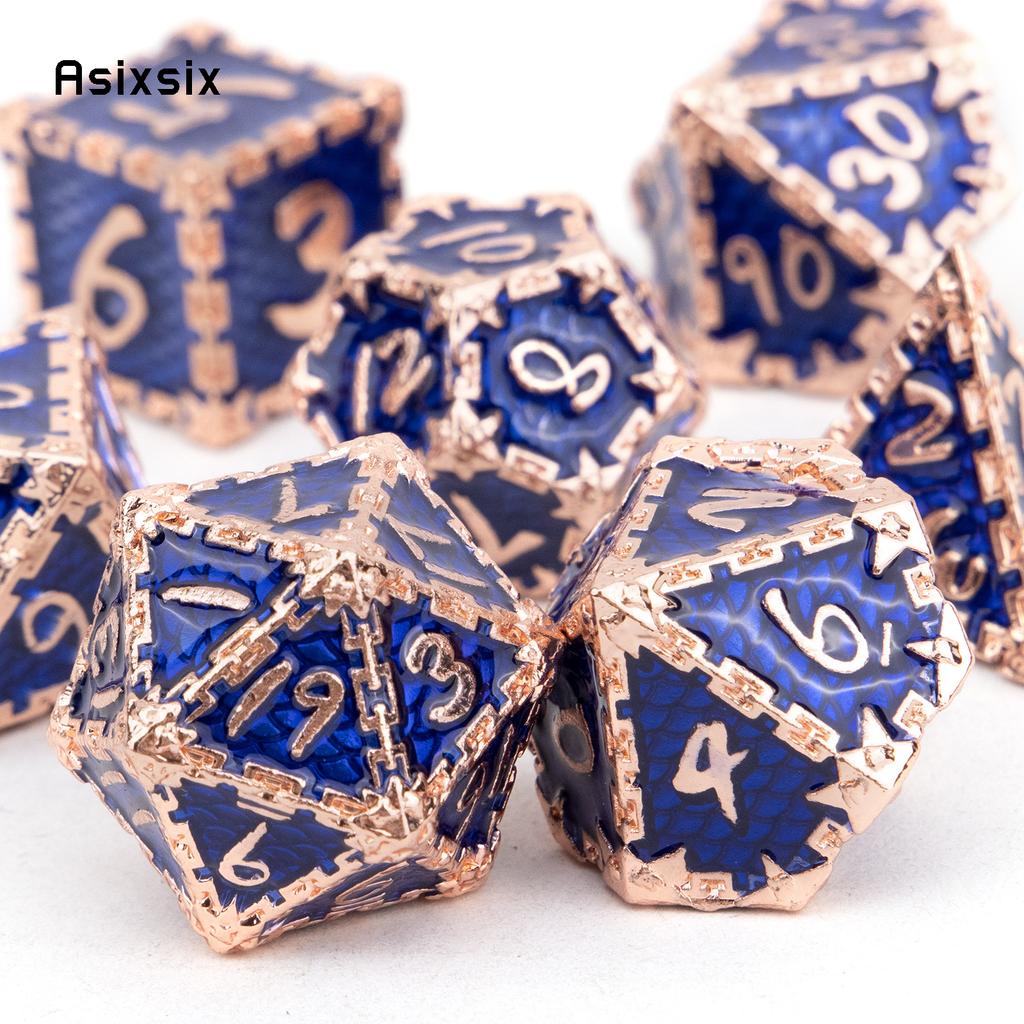 7 Stück blaue goldene Fischschuppen-Metallwürfel aus massivem Metall, polyedrisches Würfelset, geeignet für Rollenspiele, RPG-Brettspiele, Kartenspiele