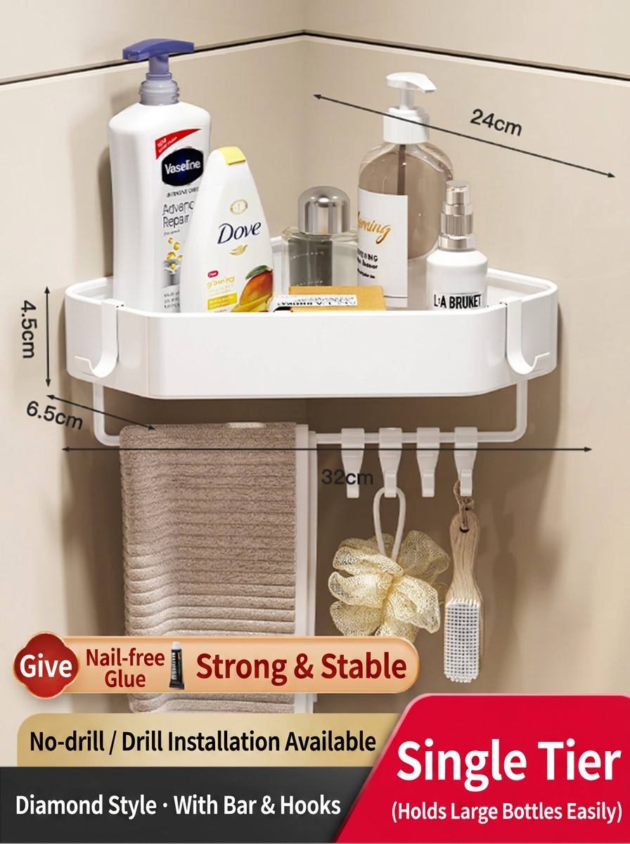 No-drill Triangle Bathroom Shelf, Wall-mounted Storage Rack for Washing Room and Toilet, Cream Style