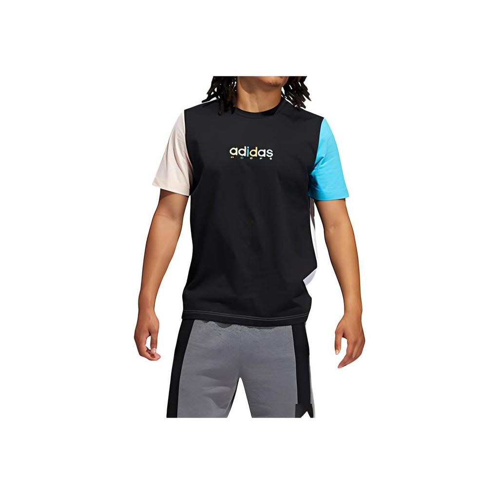 adidas Color Block Print Logo Basketball Kurzarm T-Shirt Herren Oberteile Schwarz GP4021