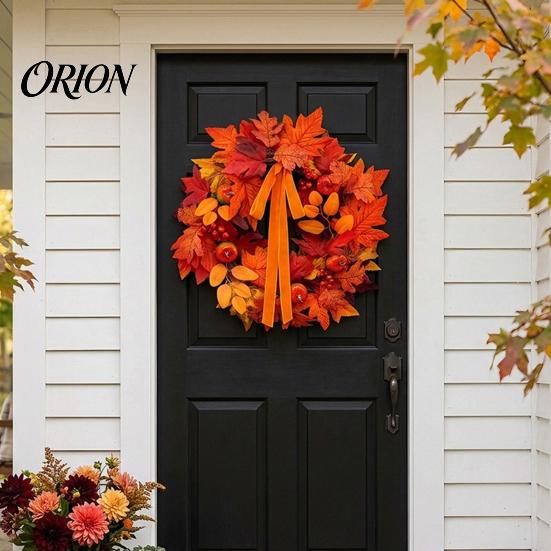 Vintage Style Harvest Party Decorations Fall Maple Leaf Pumpkin Wreath Artificial Berry Door Hanger Autumn Forest Scene Hanging Decor for Thanksgiving