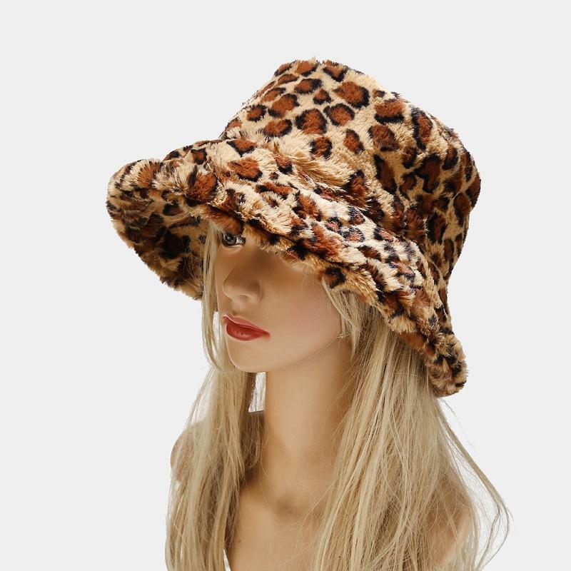 Women S Vintage Leopard Print Plush Bucket Hat Winter Warm Fashion