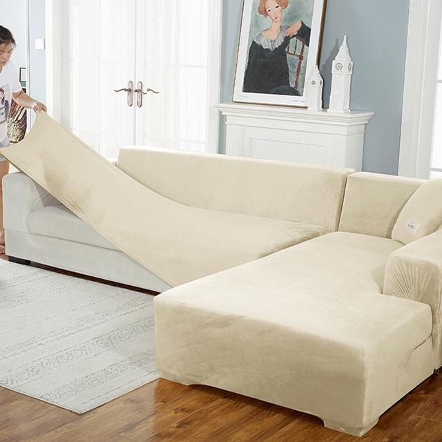 

Бархатный чехол для дивана, роскошные L-образные чехлы для диванов, однотонные чехлы для угловых диванов, кресло, противопыльный эластичный чехол, разрешено для домашних животных 4seater 230-300cm бежевый